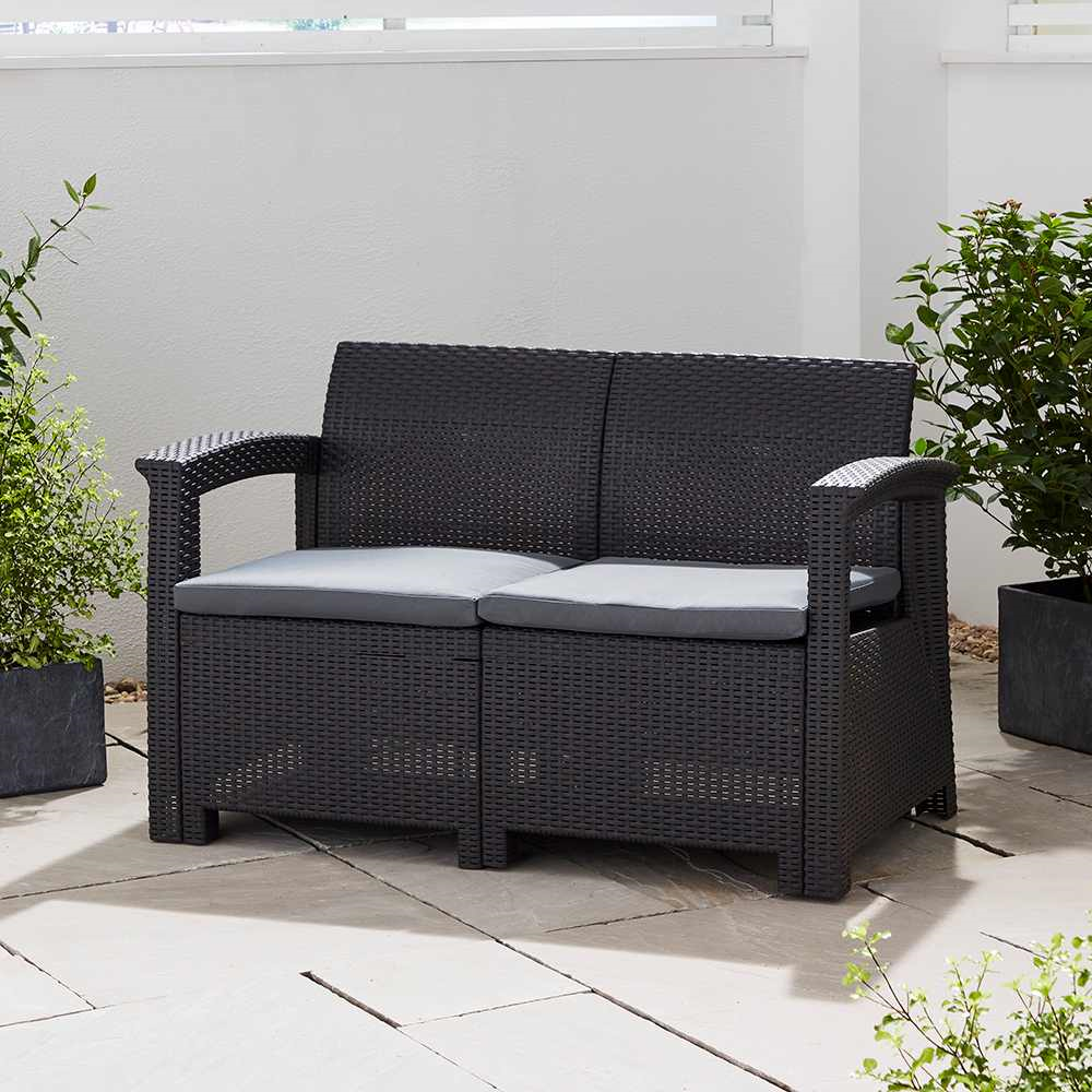 Graphite Rattan Effect Sofa with Grey Cushions - 2-Seater